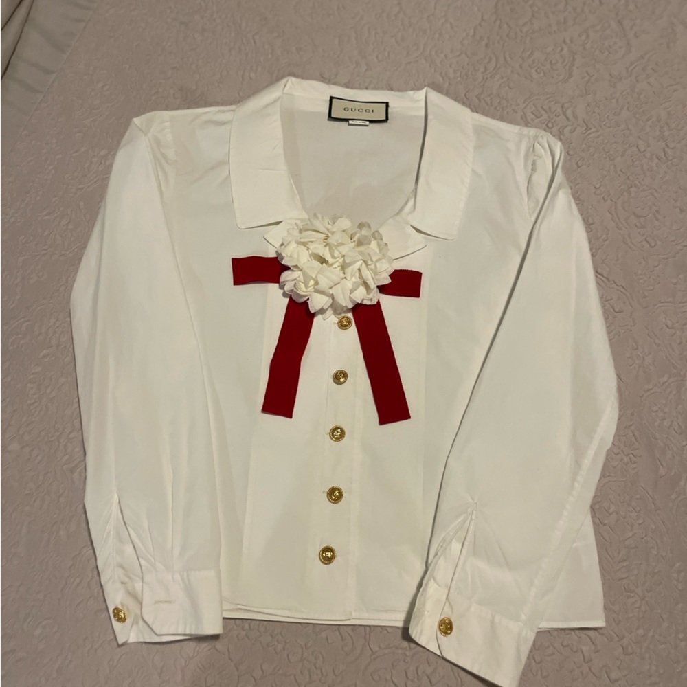 Gucci Floral Brooch White Cotton Button down Blouse
